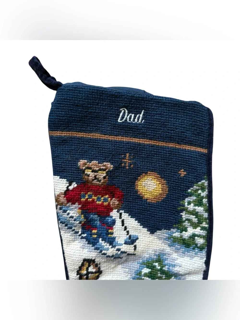 Vintage Wool Needlepoint Dad Teddy Bear Christmas Stocking Ski Lodge Holiday 17”